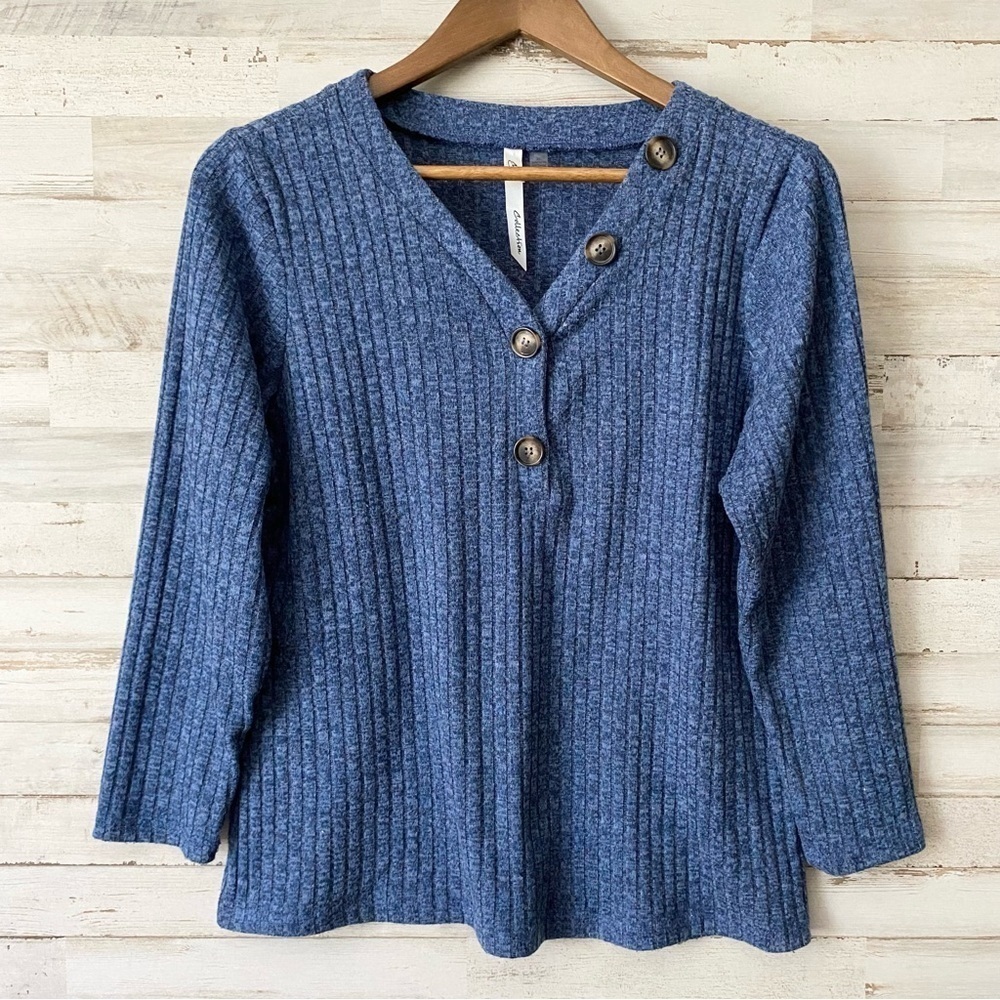 NY Collection Knit Blue Ribbed Top XL